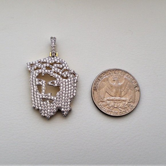 Designer Gold Gilded Sterling Silver Cubic Zirconia Cluster Jesus Face Pendant - Picture 3 of 5